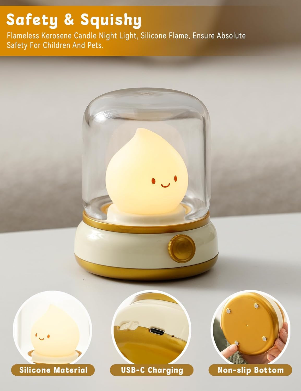 Cute Flameless Candles Lamp, Kids Night Light,Candle Warmer Lamp, Cute Kerosene Lamp,Cute Decor,Adjustable Dimmable Rechargeable Night Light for Kids,Girls,Teenager Kids Bedrooma
