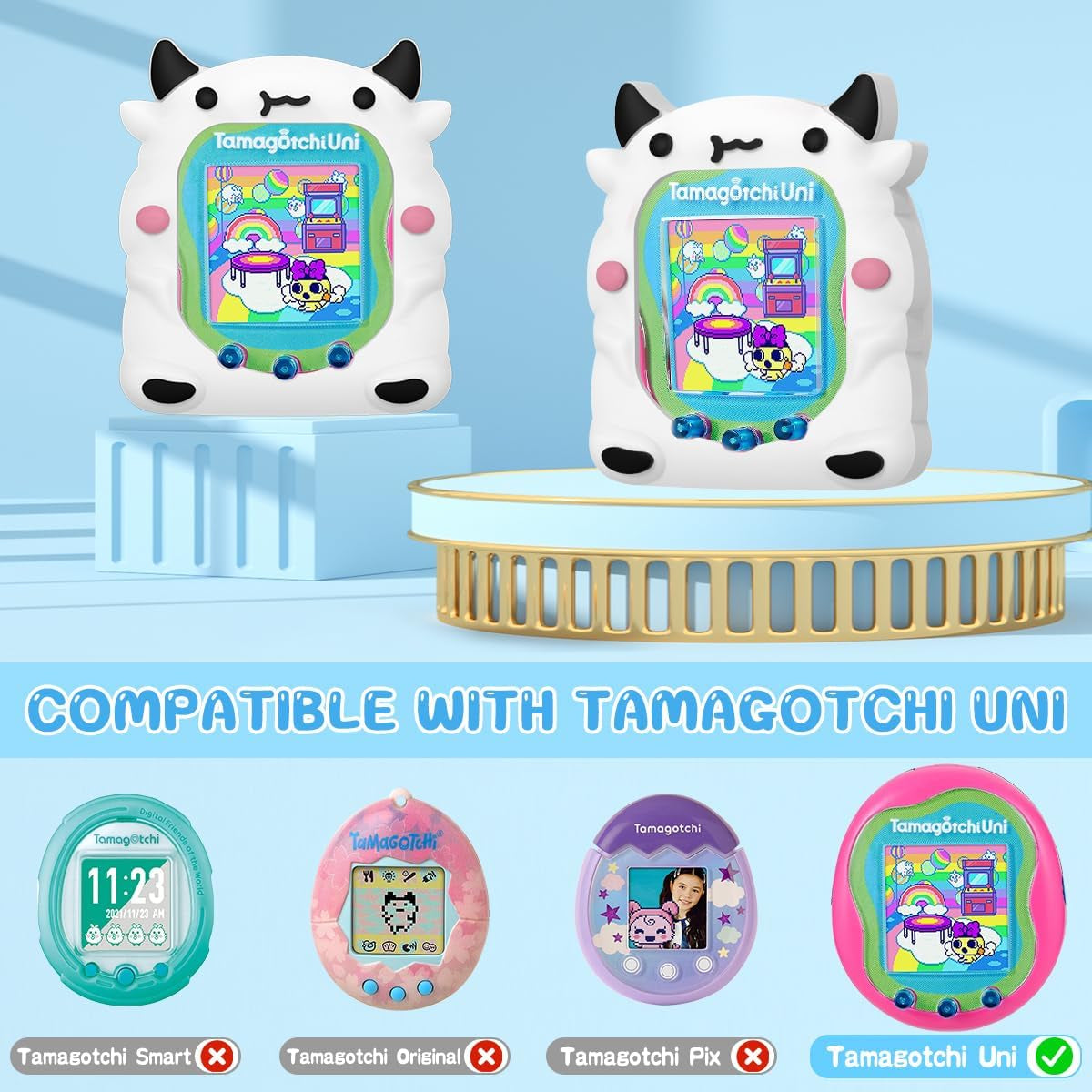 Silicone Case Compatible with Tamagotchi Uni Case, Cute Cartoon White Cow Virtual Pet Game Machine Protector Cover for Tamagotchi Uni Accessories with Ring Lanyard (White Cow) ZOUSA