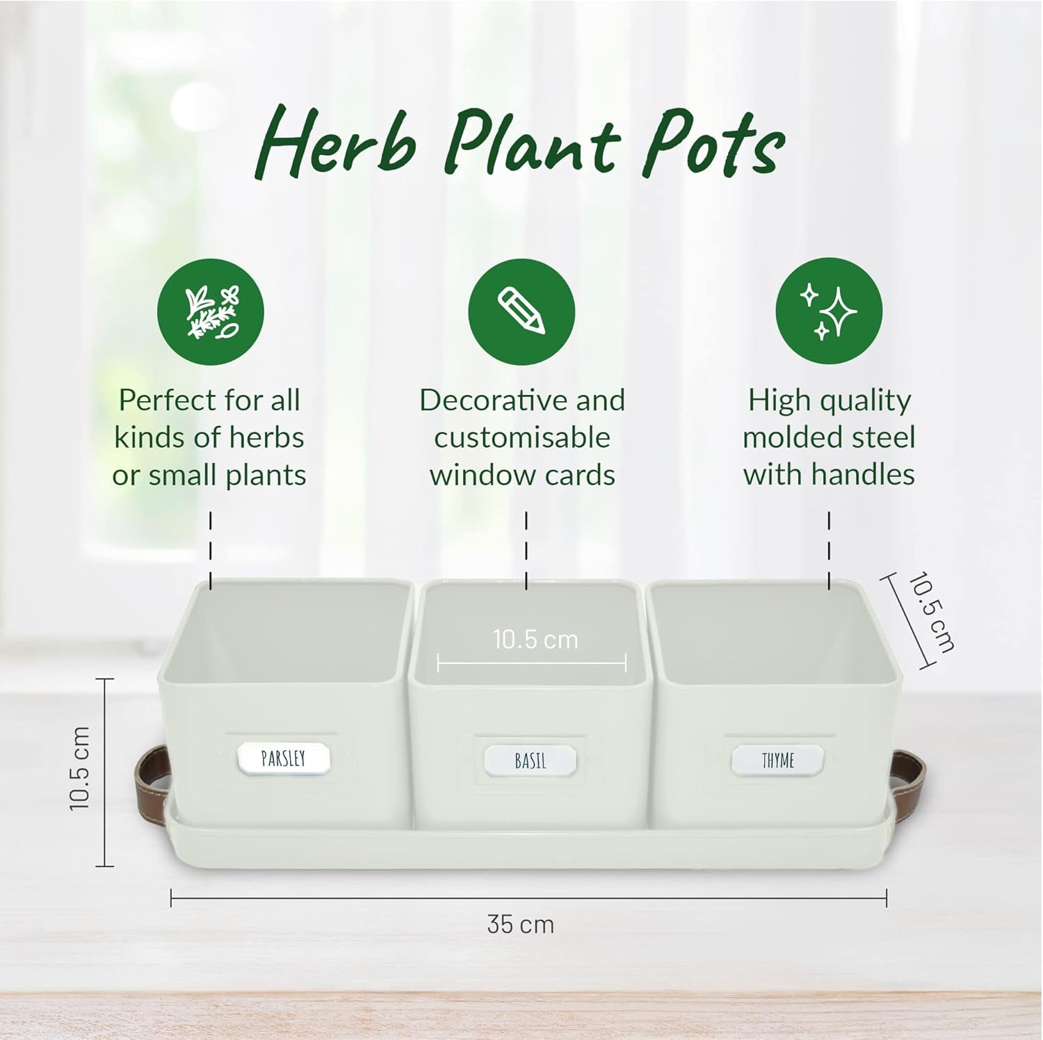 Herb Planter Indoor - Set of 3 Warmstone Indoor Herb Garden Pots for Plants with Leather Handled Tray - Window Sill Plant Shelf - Herb Pots with Drainage Holes and Labels