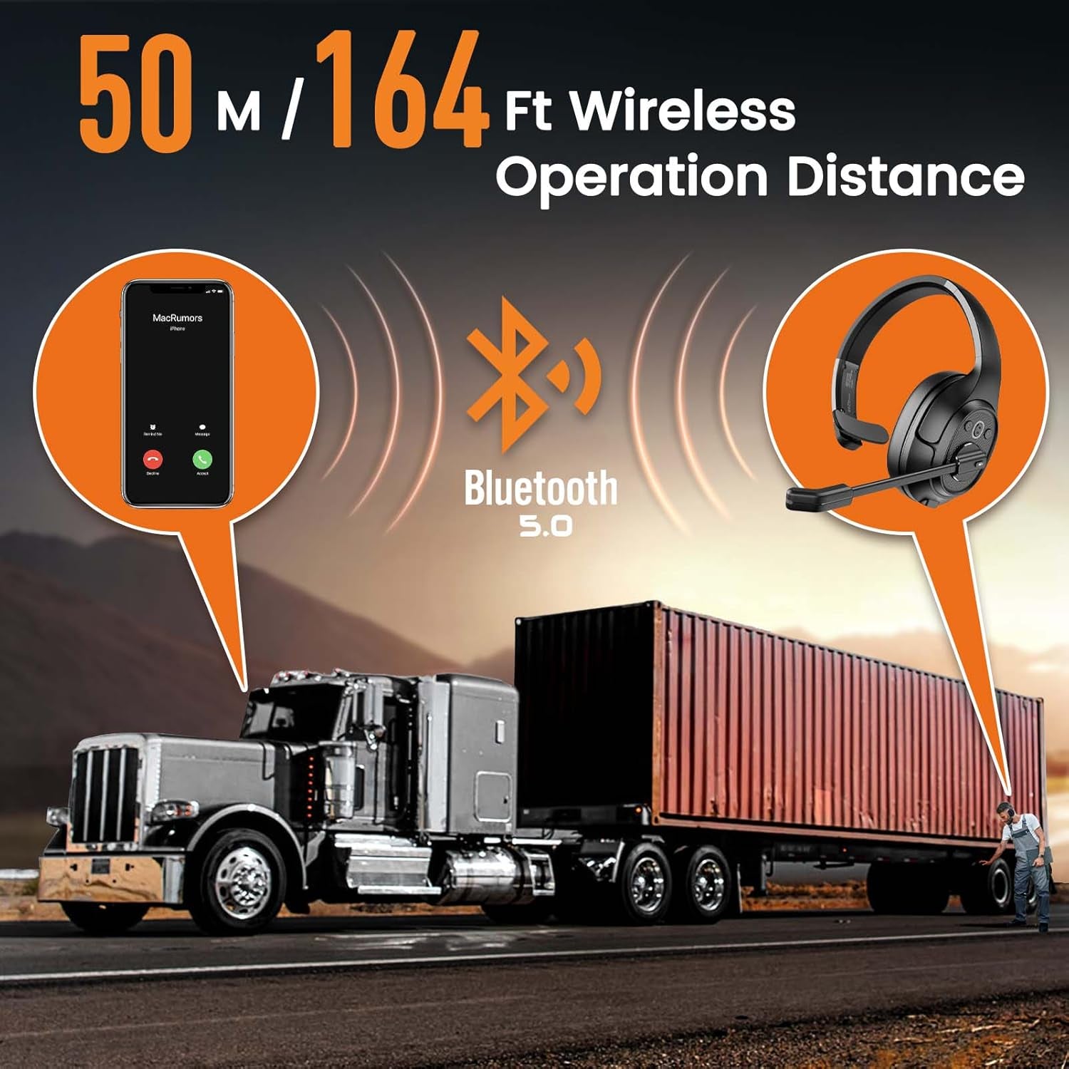 Trucker Bluetooth Headset, Wireless Headphones with USB Dongle for PC, Ai-Powered Environmental Noise Cancelling Microphone (ENC), 99Ft Long Wireless Range, 57Hrs On-Ear Trucker Headsets TRUCK DRIVER