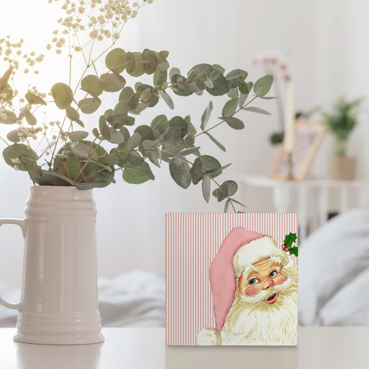 Pink Retro Santa Christmas Wooden Box Signs,Pink Christmas Sign,Santa Clause Christmas Decorations,Pink Christmas Decorations,Christmas Signs,Christmas Signs for Home Decor 5X5 Inch