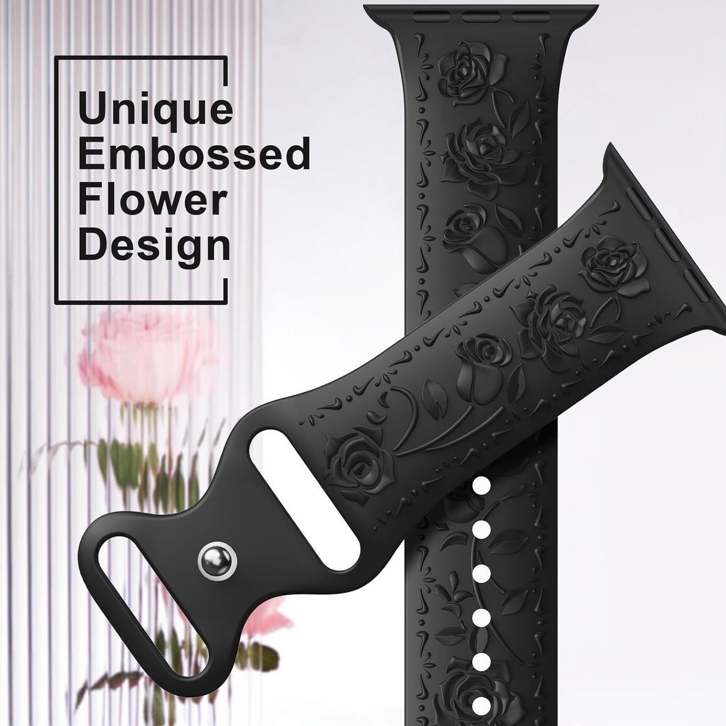 Floral Engraved Band Compatible with Apple Watch Band 40Mm 41Mm 38Mm 42Mm 44Mm 45Mm 49Mm Women, Designer Soft Silicone Cute Embossed Flower Strap for Iwatch Band Series SE Ultra 9 8 7 6 5 4 3 2 1