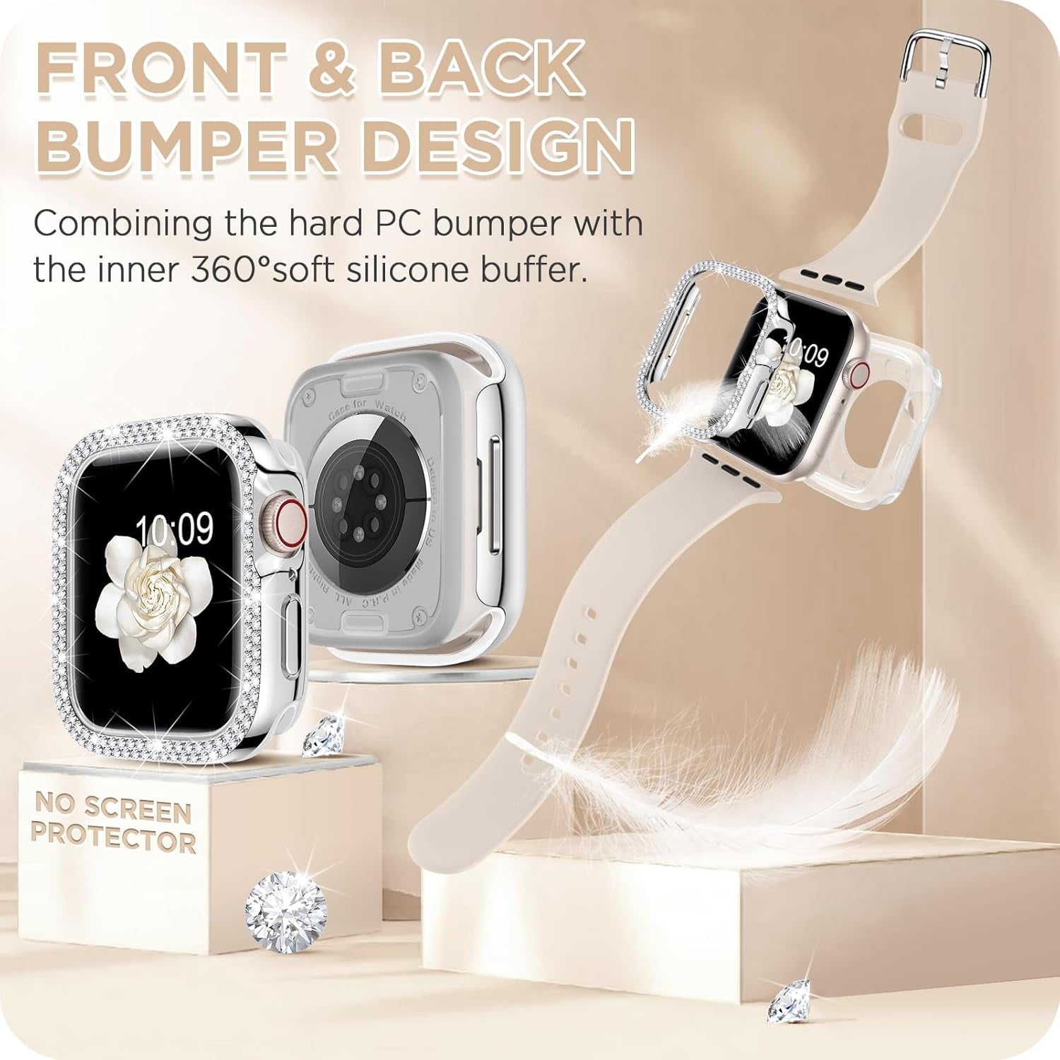 Compatible for Apple Watch Bands 44Mm with Bumper, Bling Glitter Women Silicone Soft Comfortable Strap for Iwatch SE Ultra Series 10 9 8 7 6 5 4 3 2 1