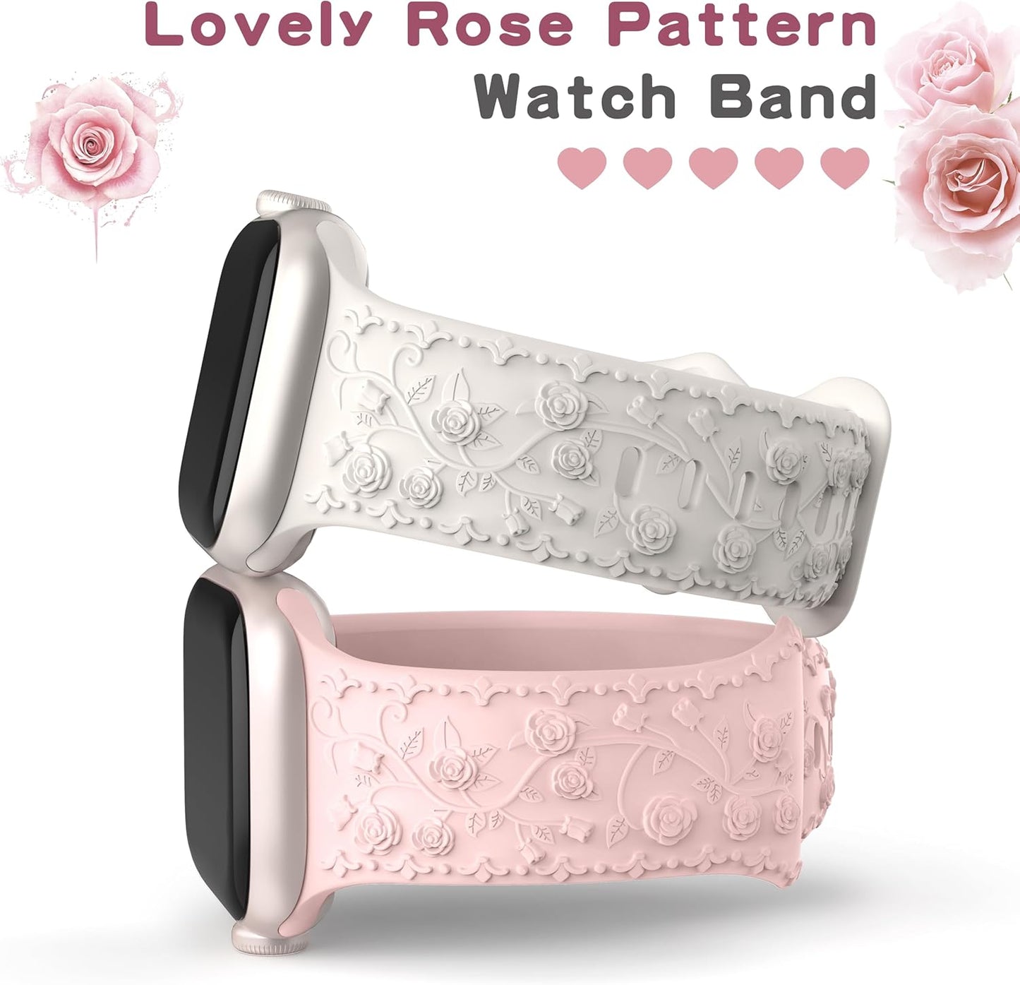 Embossed Flower Band Compatible with Apple Watch Band 40Mm 44Mm 41Mm 38Mm 45Mm 42Mm 49Mm Women,Cute Rose Engraved Strap Soft Silicone Wristbands for Iwatch Series 9 8 7 6 SE 5 4 3 2 1 Ultra