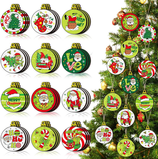 36 Pcs Christmas Wooden Ornaments Lime Green Red Christmas Tree Ornaments Decorative Holiday Wood Cutouts Slices Tag Label Hanging Christmas Decor for Xmas Tree Home Party(Xmas Ball Style)