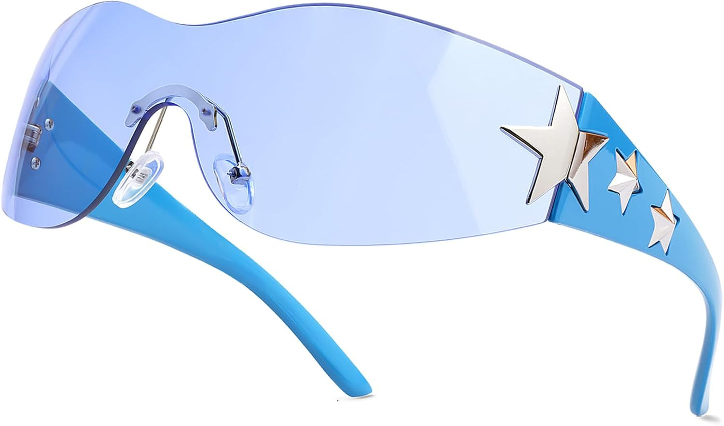 Rimless Y2K Sunglasses Star Wrap around Glasses 2000S Accessories for Women Men Trendy Fashion Cool Shield Shades