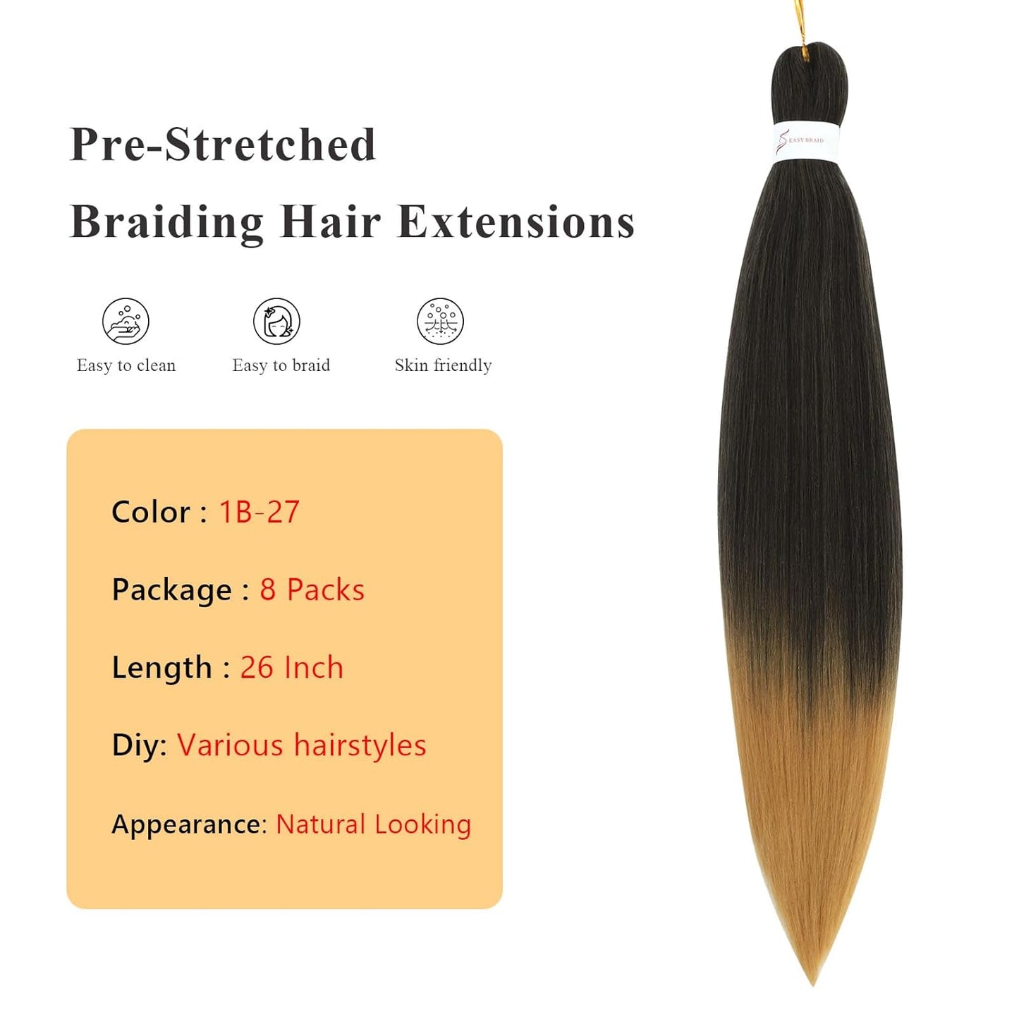 Braiding Hair Pre Stretched - 26 Inch Pre Stretched Braiding Hair 1B/27 Braiding Hair 8 Packs Ombre Braiding Hair for Black Women (26 Inch(8Packs), 1B/27)