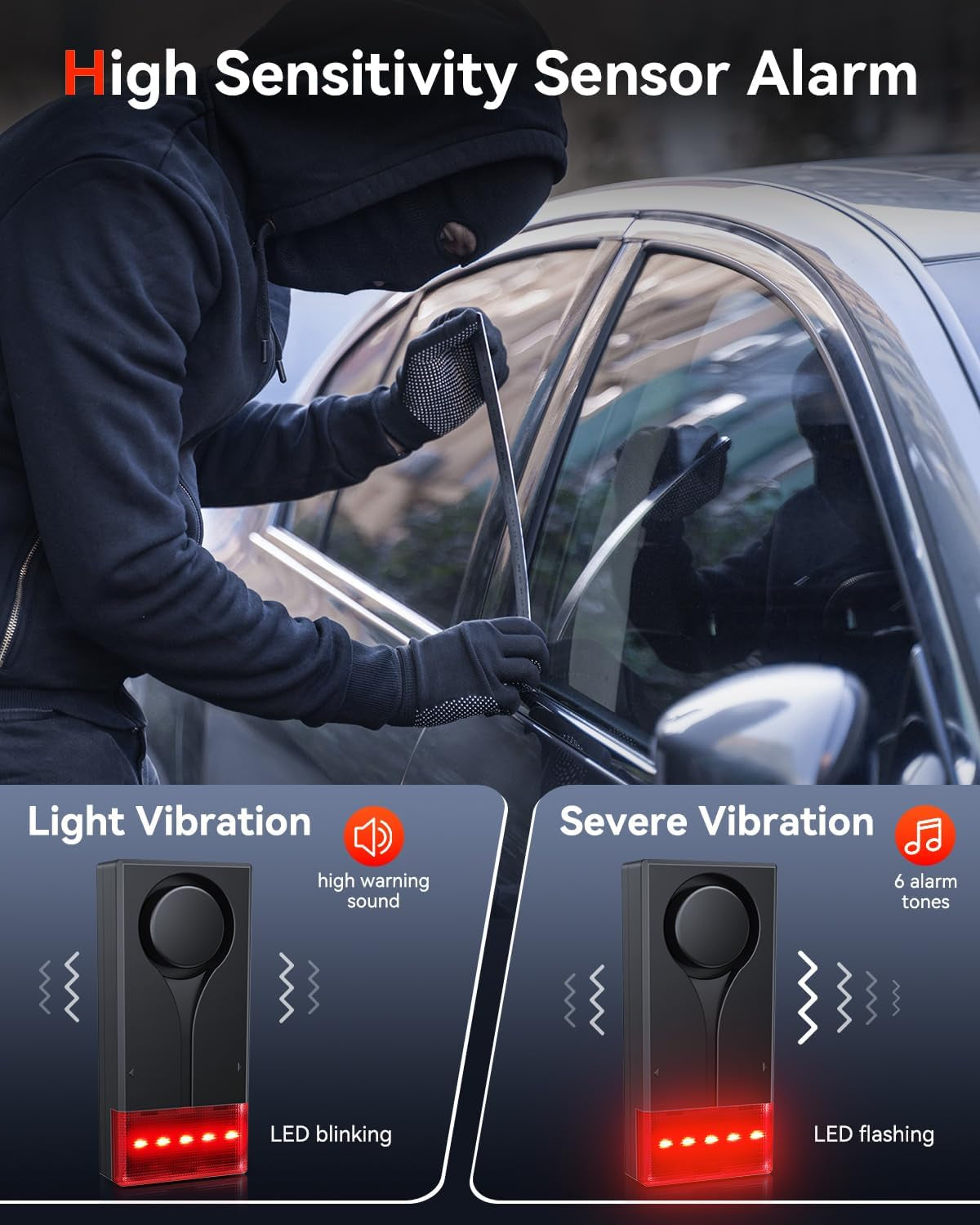 Car Anti-Theft Vibration Alarm,  108Db Car Vibration Sound & Light Alarm, Wireless Remote Vibration Sensor Car Alarm Vehicle Security Alarm System Automotive Warning Interior Safety Red Light