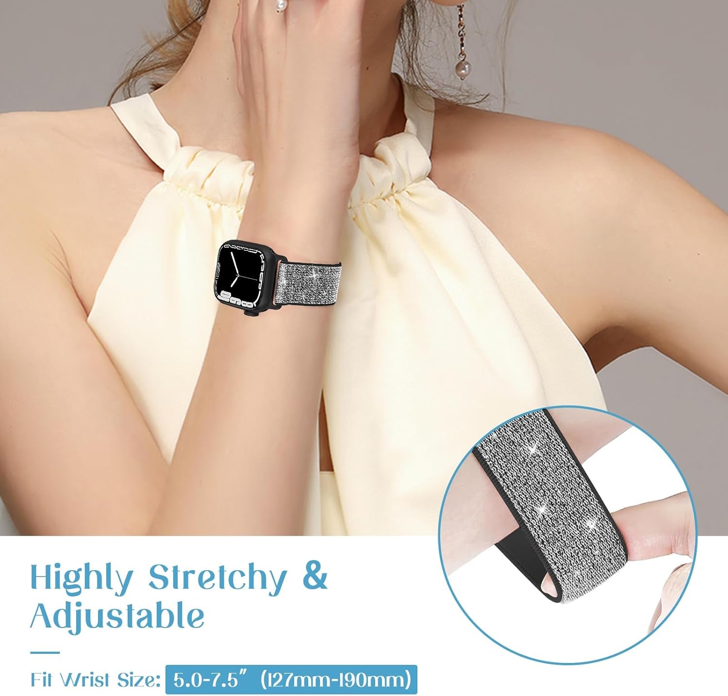 Bling Stretchy Nylon Band Compatible with Apple Watch Band 38Mm 40Mm 41Mm 42Mm 44Mm 45Mm 46Mm 49Mm for Women, Sparkly Elastic Solo Loop Bands for Iwatch Ultra SE Series 10/9/8/7/6/5/4/3/2/1