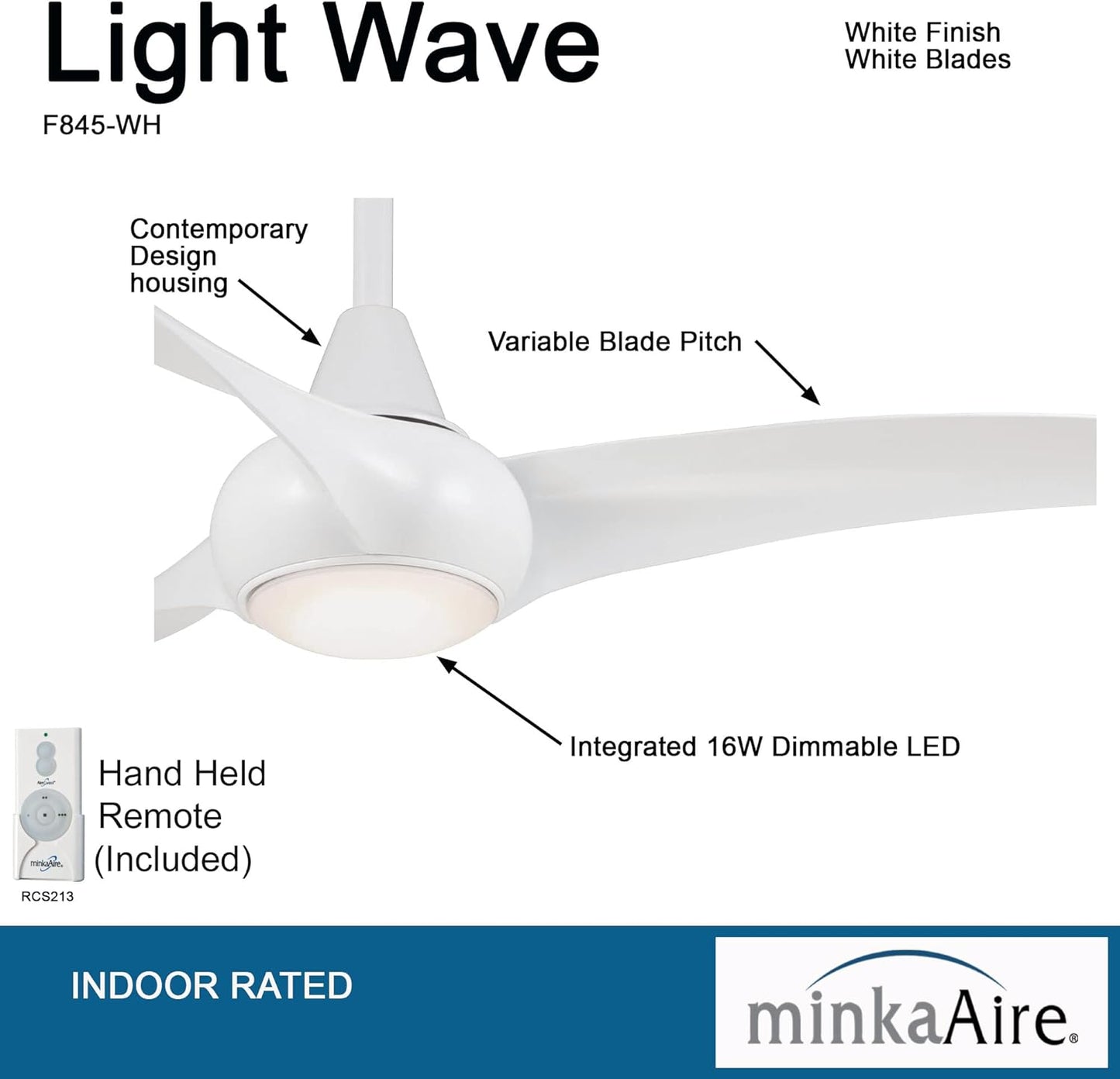 F845-WH Light Wave 44" Ceiling Fan with LED Light and Remote Control in White Finish