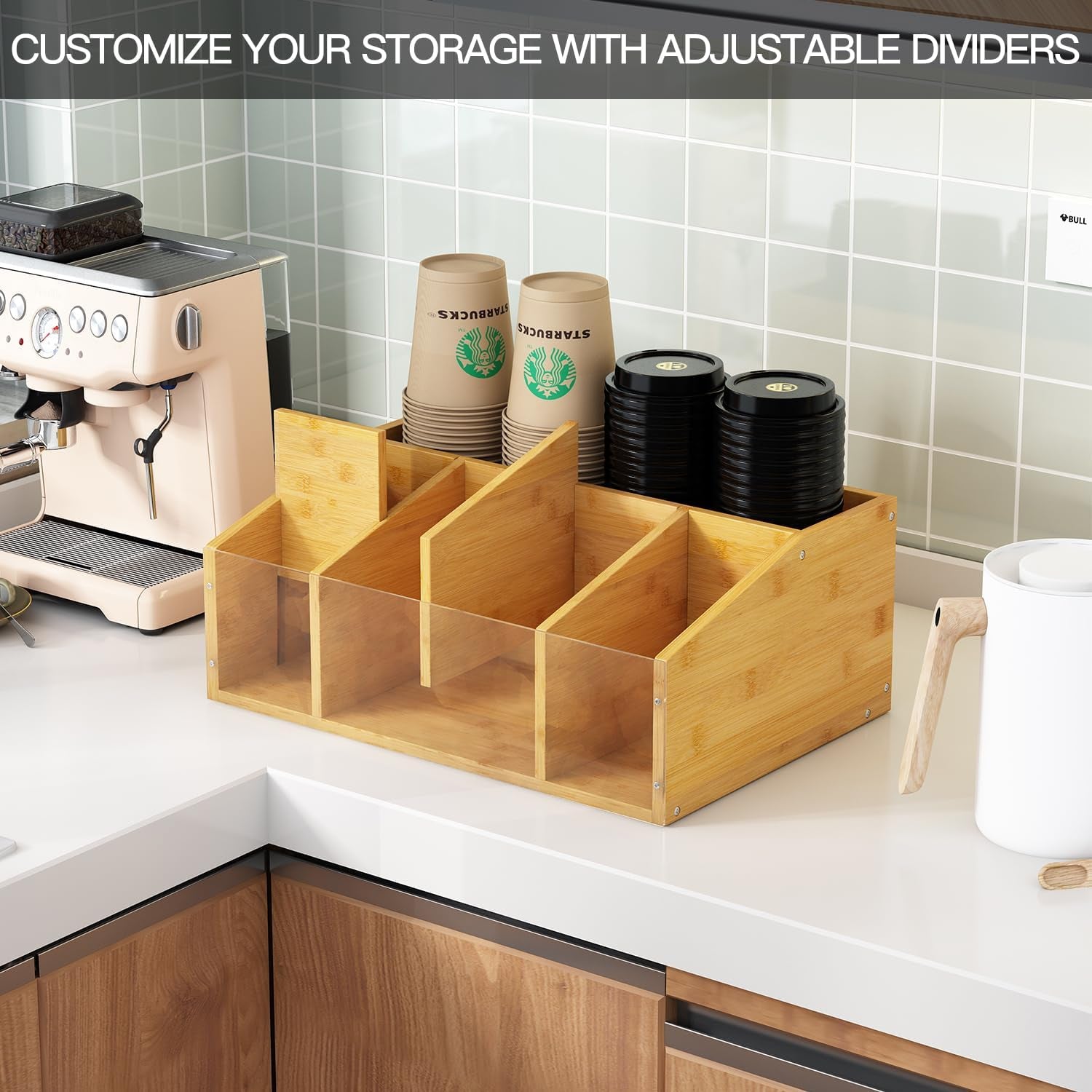 Coffee Station Organizer Coffee Bar Organizer for Countertop Farmhouse Coffee Caddy with Removable Dividers Office Coffee Bar Accessories and Organizer for Coffee Pods, Syrup, Cups, and Stirrer