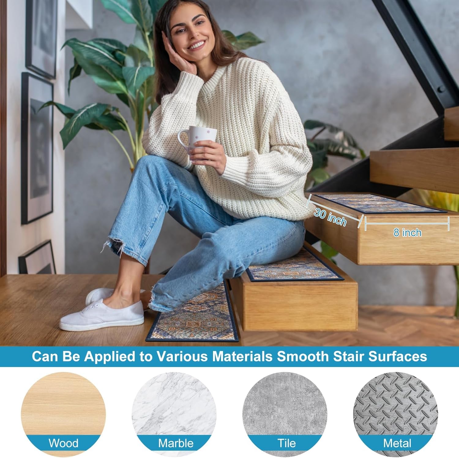 Peel and Stick Non-Slip Carpet Stair Treads for Wooden Steps Set of 15 Pack 8" X 30" Indoor Reusable Staircase Stair Runners Rugs, Soft Safety for Dogs, Kids & Elders, Stairway Grip, Blue