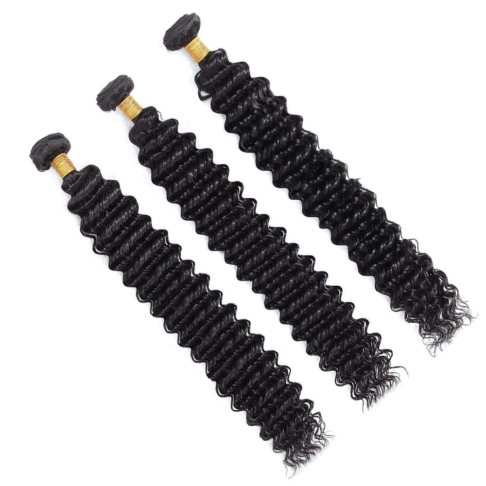 12A Deep Wave Bundles Human Hair 20 22 24Inch Brazilian Deep Wave Curly 3 Bundles Human Hair Bundles 100% Unprocessed Virgin Wet and Wavy Bundles Double Weft Deep Wave Hair Bundles Natural Black