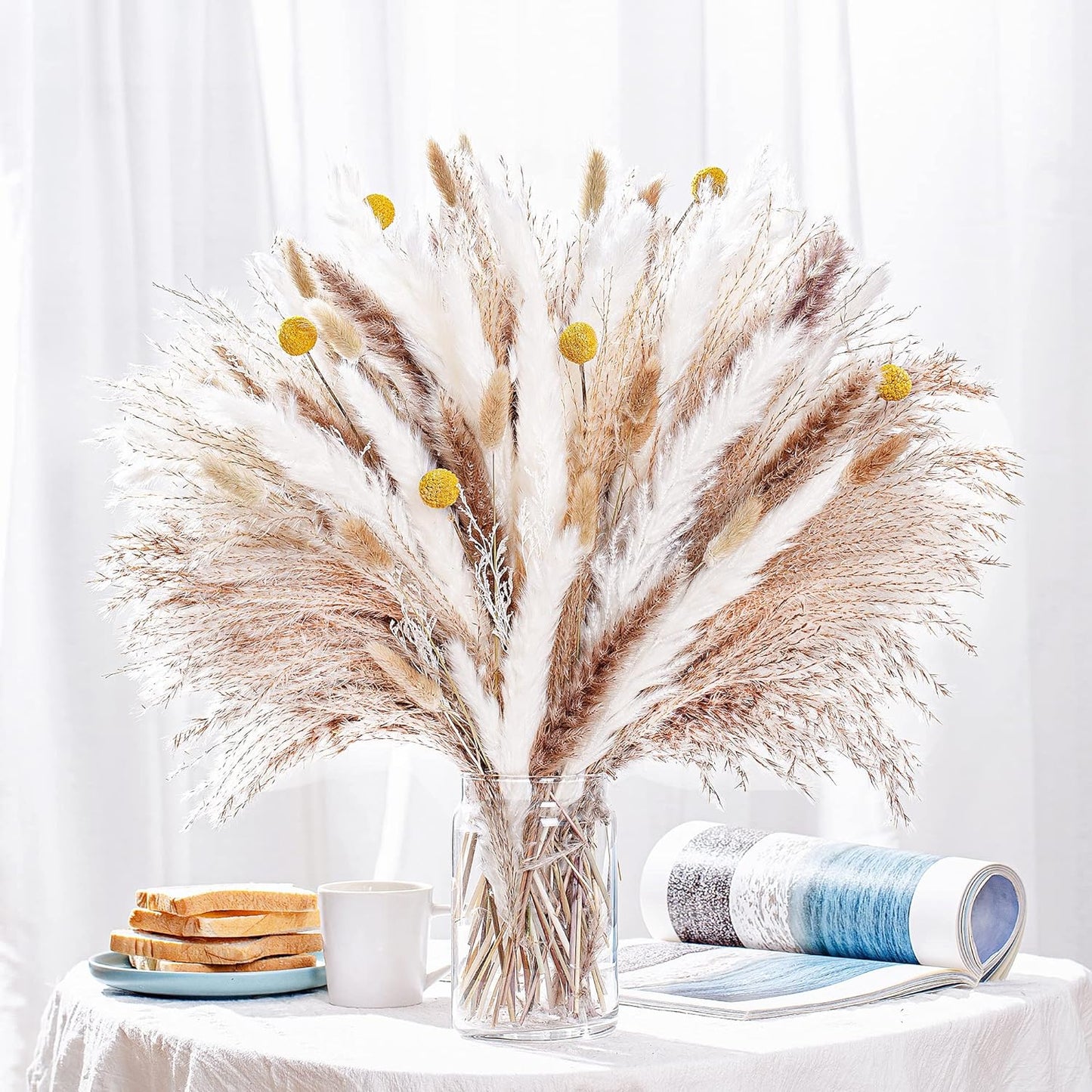 100PCS Natural Dried Pampas Grass Decor - 17.5" Fluffy Pampas Grass Bouquet - Boho Home Decor Dried Flowers for Wedding Floral Room Home Party Table Decorations