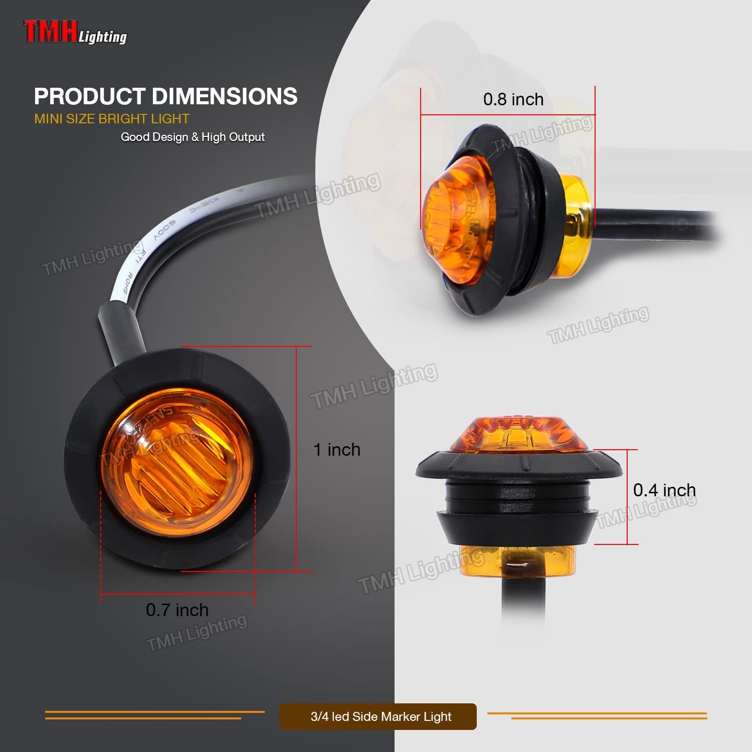 50 Pcs 3/4 Inch Mount Amber 3 LED Mini round Trailer Side Marker Indicator Lights Clearance Button Signal Lamps Universal for Trucks Lorry Boat Pickup Bus Caravan RV Waterproof Sealed Bulbs 12V DC