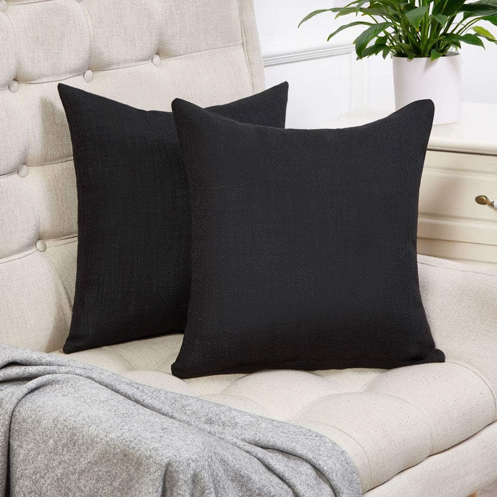 Set of 2 Black Pillow Covers Rustic Linen Decorative Square Throw Pillow Covers 18X18 Inch for Sofa Couch Decoration