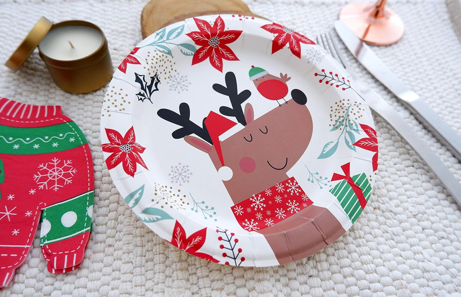 Paper Plates - 60-Count 8" X 8" Disposable Christmas Party Supply Dessert Plates in 6 Designs - Reindeer, Santa, Polar Bear, Elf, Gingerbread House, Nutcracker