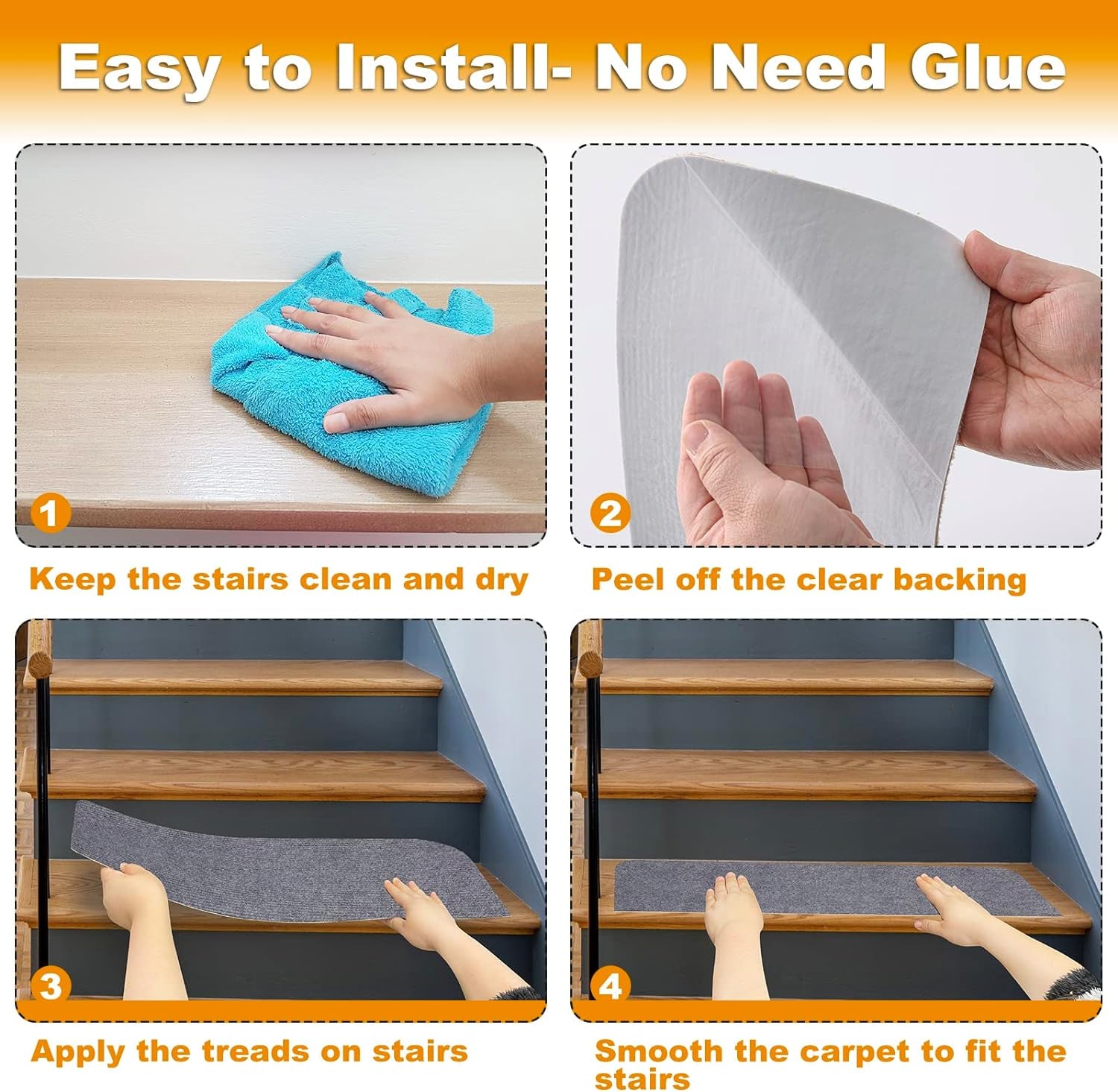 8X30In 15PCS Non-Slip Stair Treads Carpet, Self-Adhesive Stair Treads for Wooden Steps, Indoor Safety Staircase Step Treads, anti Slip Stair Runner Mats for Elders, Kids and Dogs (Light Grey)