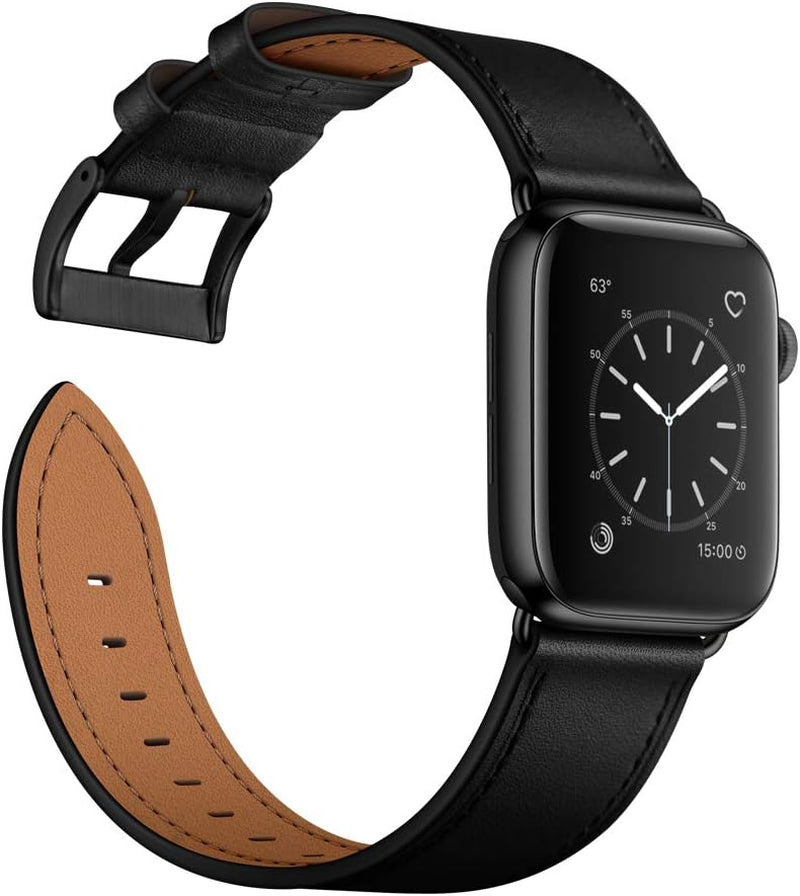 Compatible with Apple Watch Band 49Mm 45Mm 44Mm 42Mm, Genuine Leather Band Replacement Strap Compatible with Apple Watch Ultra 2/1 Series 9/8/7/6/5/4/3/2/1/SE/SE2, Black Band with Black Adapter