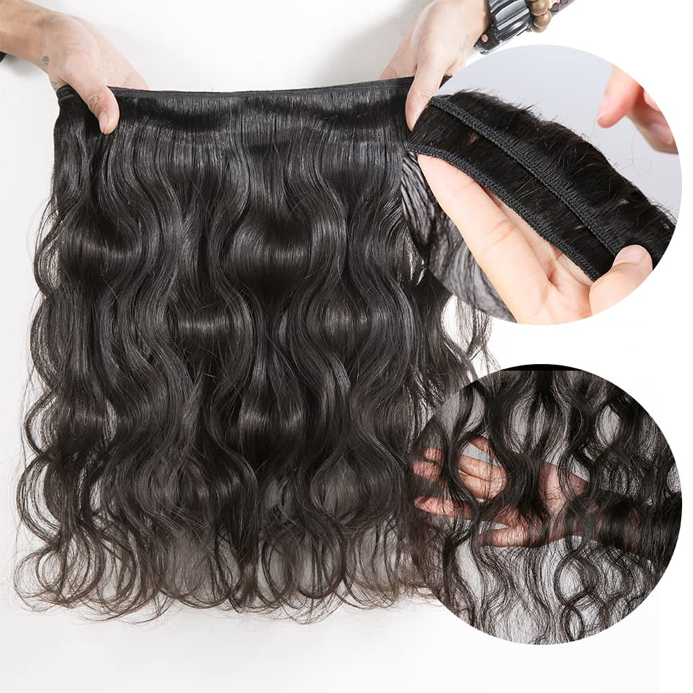 Body Wave Human Hair Bundles with Closure 100% Unprocessed Brazilian Virgin Human Hair 3 Bundles Body Wave with 4X4 Free Part Lace Closure Natural Black Hair Extension