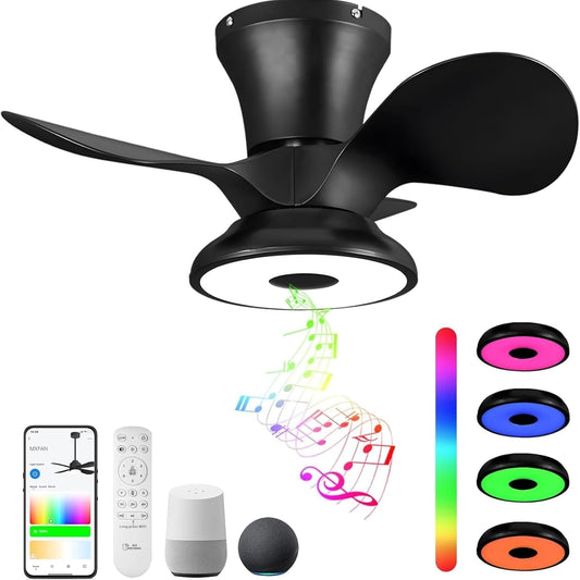 Smart Wifi Flush Mount Ceiling Fan with Lights,Bluetooth Ceiling Fan with Speaker and Remote/App/Alexa Control,Dimmable RGB Light,Low Profile 6 Speeds Reversible Blades for Bedroom Kitchen Living Room
