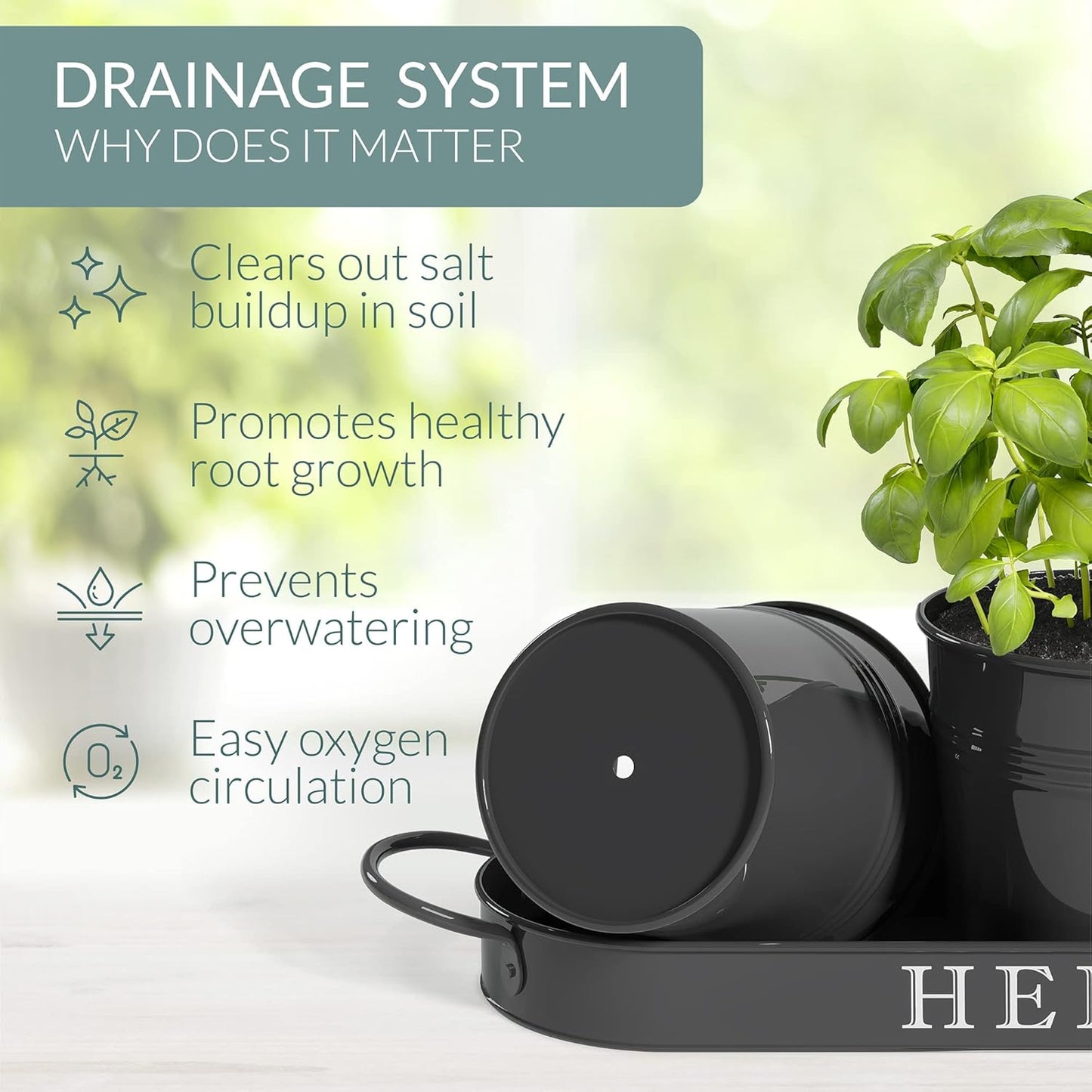 Indoor Herb Garden Planter Set with Tray, Metal Windowsill Plant Pots with Drainage for Outdoor or Indoor Plants, Set/3 (Black)