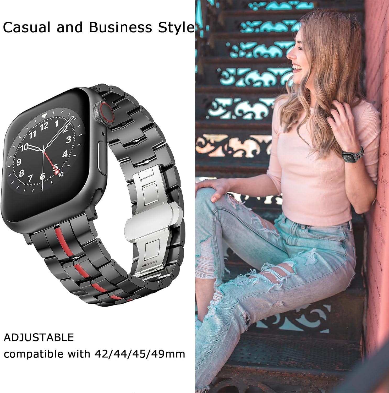 Compatible with Apple Watch 49Mm 45Mm 44Mm 42Mm 41Mm 40Mm 38Mm Stainless Steel Metal Band,Business Bracelet Rugged Strap for Apple Watch Series SE2 SE Ultra2 Ultra 10 9 8 7 6 5 4 3 2 1 Strap