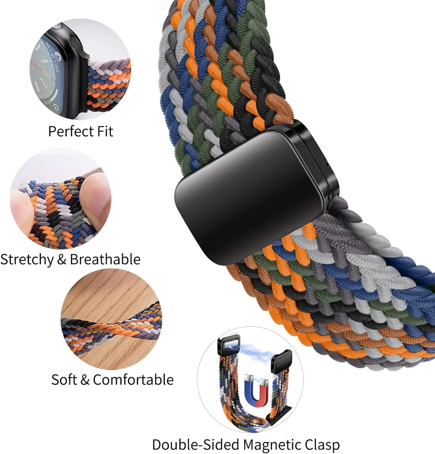 Nylon Braided Solo Loop for Apple Watch Stretchy Woven Band 49Mm 45Mm 44Mm 42Mm 41Mm 40Mm 38Mm,Elastic Braided Sport Wrist Straps with Magnetic Clasp for Iwatch Series 9 8 7 6 5 4 3 2 1 SE Ultra 1/2