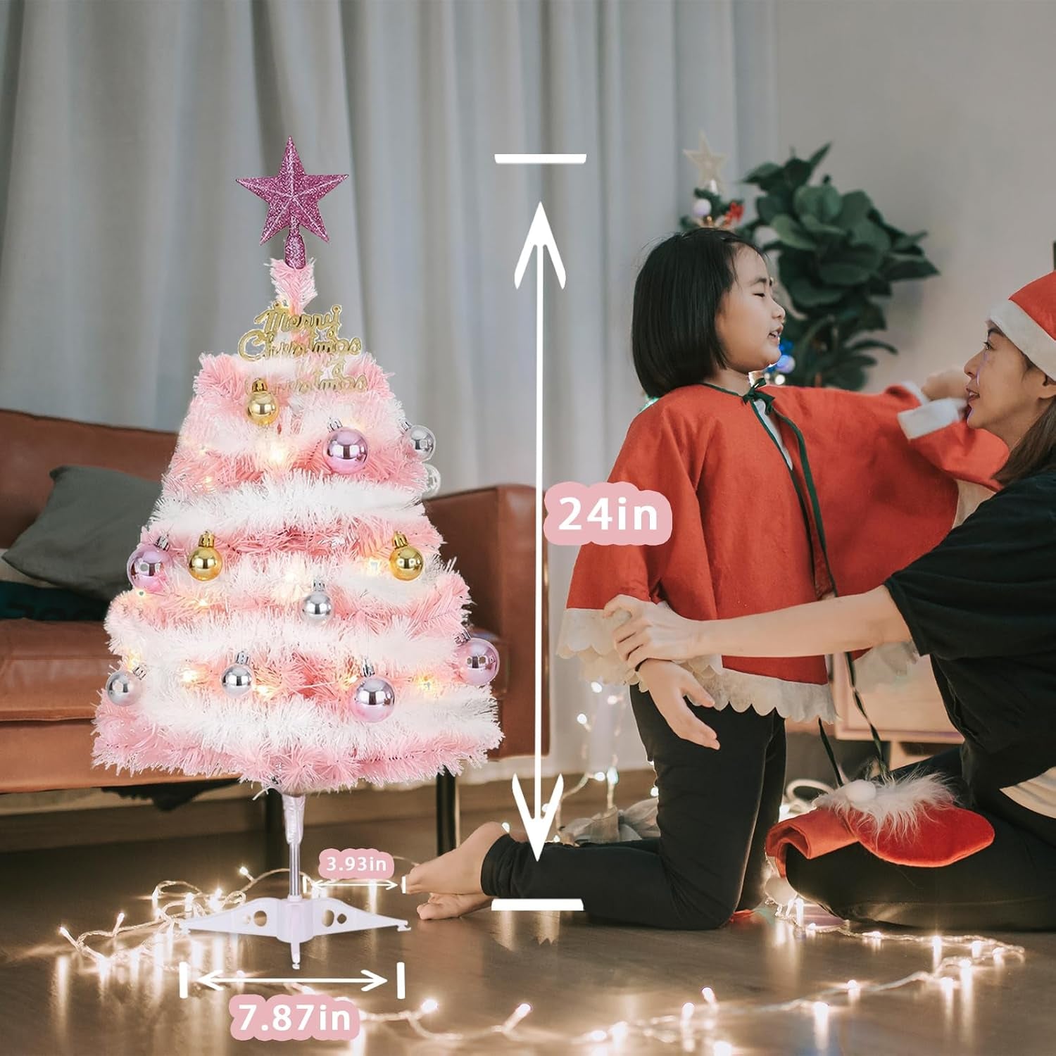 Small Pink Christmas Tree, 2Ft Mini Christmas Tree, Artificial Small Desktop Xmas Tree with Lights and Tree Ornaments, for Christmas Thanksgiving Decorations