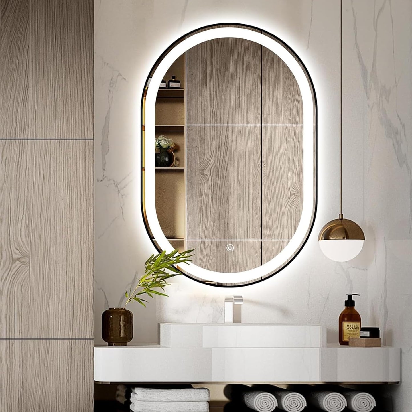 Oval LED Bathroom Mirror, 33"X20" Lighted Wall Mounted Vanity Mirror with Metal Frame, Anti-Fog IP66 Waterproof Smart Mirror, Memory Function, (Horizontal or Vertical), Gold
