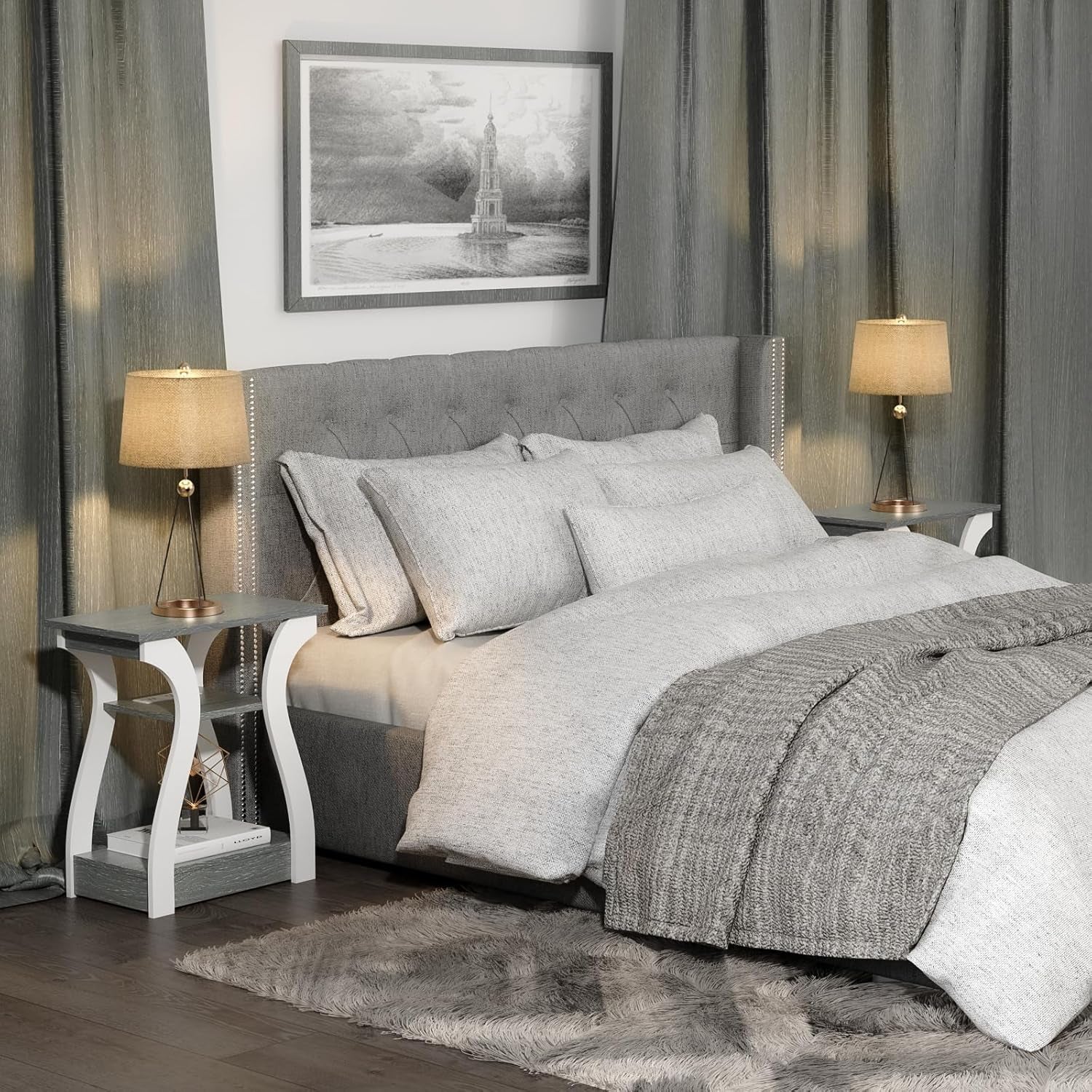 End Tables Living Room Set of 2, End Table with Charging Station, Grey End Table with Usb,Grey Side Table, Nightstand for Bedroom, 3 Tier End Table with Storage Shelf for Living Room Grey