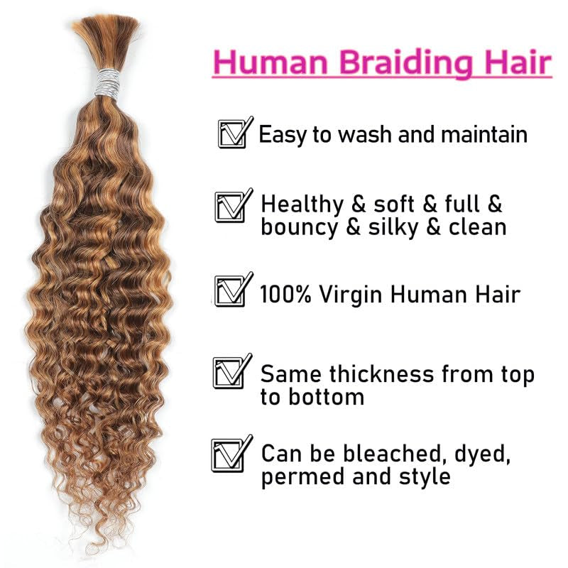 Human Braiding Hair 14Inch Water Wave Bulk Human Hair for Braiding 100G 2Bundle/Pack No Weft Human Hair Bundles for Braiding Micro Human Braiding Hair for Boho Braids(14Inch,4/27#)