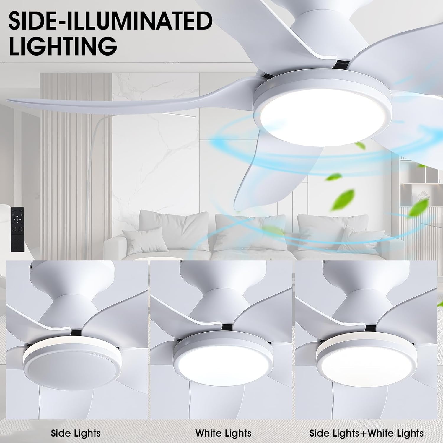 Ceiling Fans with Lights and Remote/App Control, 38 Inch Low Profile Flush Mount Ceiling Fans with 5 Reversible Blades 6 Speeds, 3 Colors Dimmable+Ring Lights for Bedroom Dining Room, White