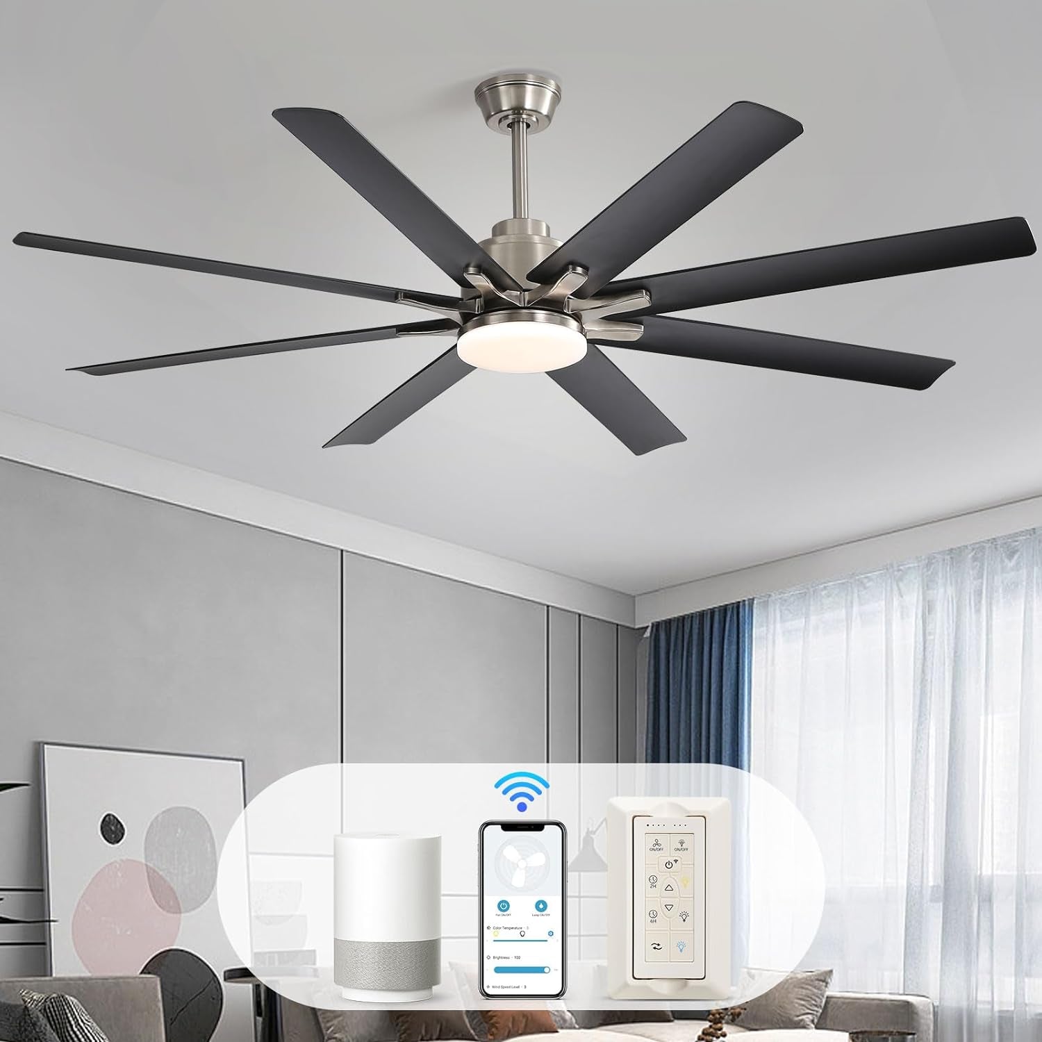 66 Inch Black Ceiling Fans with Lights and Remote, Indoor Outdoor Mordern Smart Ceiling Fan with Reversible Quiet DC Motor, 6 Speed, 8 Blades for Living Room Bedroom Patios Balcony