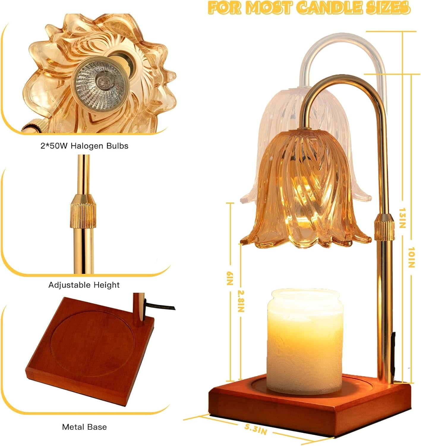 Candle Warmer Lamp, Dimmable Candle Lamp Warmer, Adjustable Height, Timer, Bedroom Living Room Home Decor Wax Melt Warmer for Scented Wax with 2 Bulbs, Gold