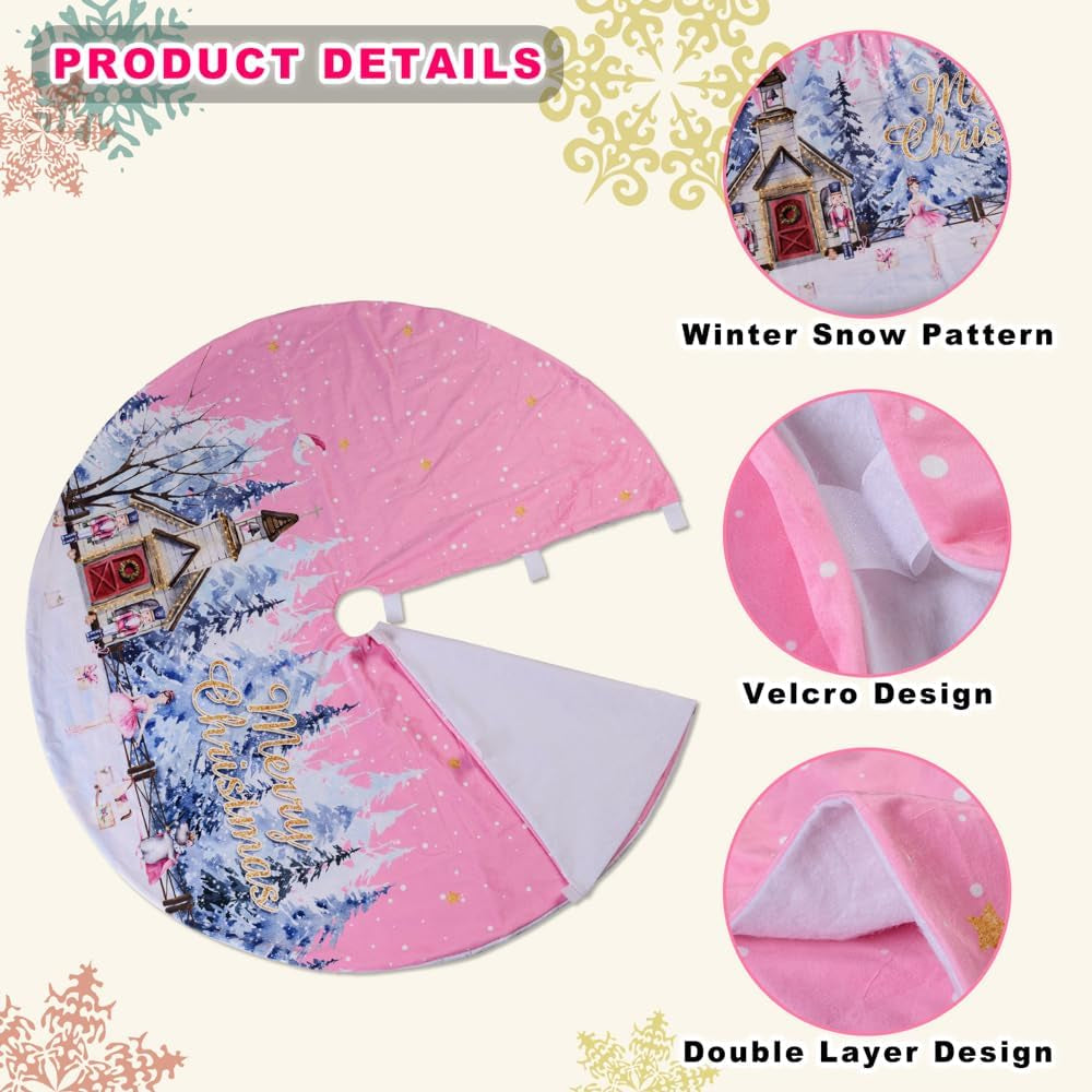 36 Inch Christmas Tree Skirt, Cute Pink Soft Dutch Velvet Xmas Tree Skirts with Winter Snow Snowflake Nutcracker for Winter Christmas Holiday Indoor Outdoor Decorations Decor (Pink, 36''/90Cm)