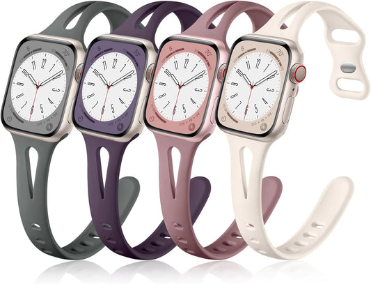 Compatible with Apple Watch Band 38Mm 40Mm 41Mm Iwatch SE Series 9 8 7 6 5 4 3 2 1 for Women Men, Soft Silicone Slim Sport Watch Bands, 4 Pack, Starlight/Cherry Purple/Smoke Purple/Dark Grey