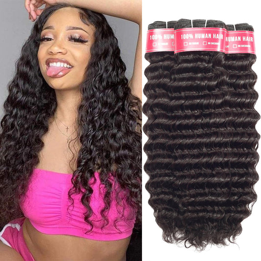 12A Deep Wave Human Hair Bundles Brazilian Deep Curly Bundles Human Hair 16 18 20 Inchs 3 Bundles Deals Human Hair 100% Unprocessed Natural Black