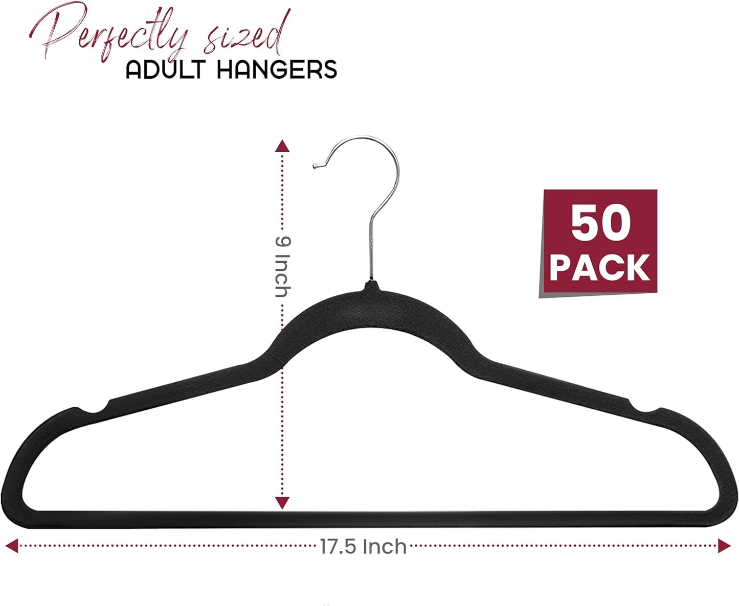 LUX Decor Black Velvet Hangers 50 Pack - Premium Non Slip Clothes Felt Hanger for Coat, Pants, Suits, Shirts - Heavy Duty Space Saving 360 Rotatable Hook Hangars - Black