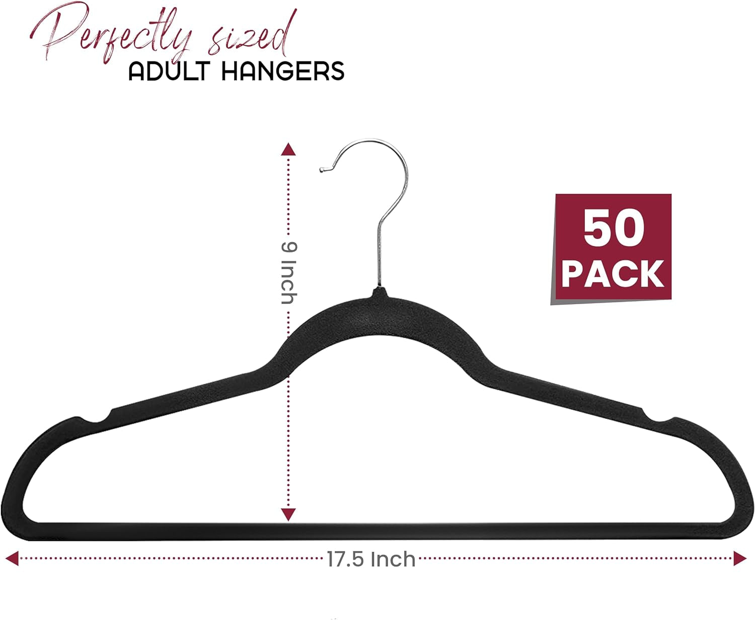 LUX Decor Black Velvet Hangers 50 Pack - Premium Non Slip Clothes Felt Hanger for Coat, Pants, Suits, Shirts - Heavy Duty Space Saving 360 Rotatable Hook Hangars - Black