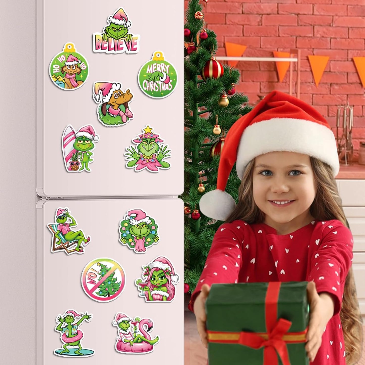 12 PCS Christmas Cartoon Refrigerator Magnets Decoration, Pink Xmas Tree Max Dog Fridge Car Garage Door Magnetic Stickers, Winter Funny Holiday Waterproof Dishwasher Decals Home Kitchen Decor