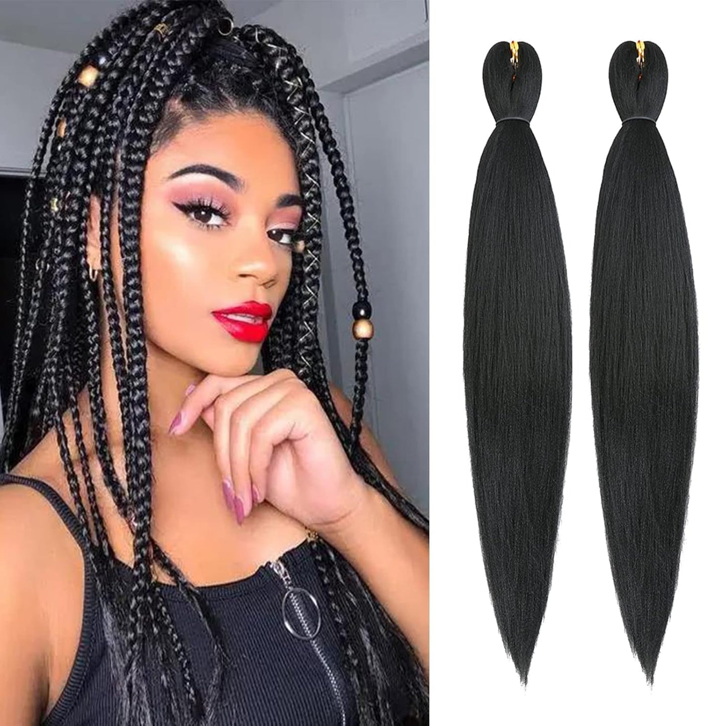Black Braiding Hair Pre Stretched 26 Inch 2 Packs （3.9Oz/Pack）Pre Stretched Braiding Hair Long Straight Kanekalon Braiding Hair Soft Yaki Synthetic Hair for Braiding (1B Braiding Hair)