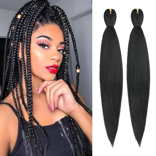 Black Braiding Hair Pre Stretched 26 Inch 2 Packs （3.9Oz/Pack）Pre Stretched Braiding Hair Long Straight Kanekalon Braiding Hair Soft Yaki Synthetic Hair for Braiding (1B Braiding Hair)
