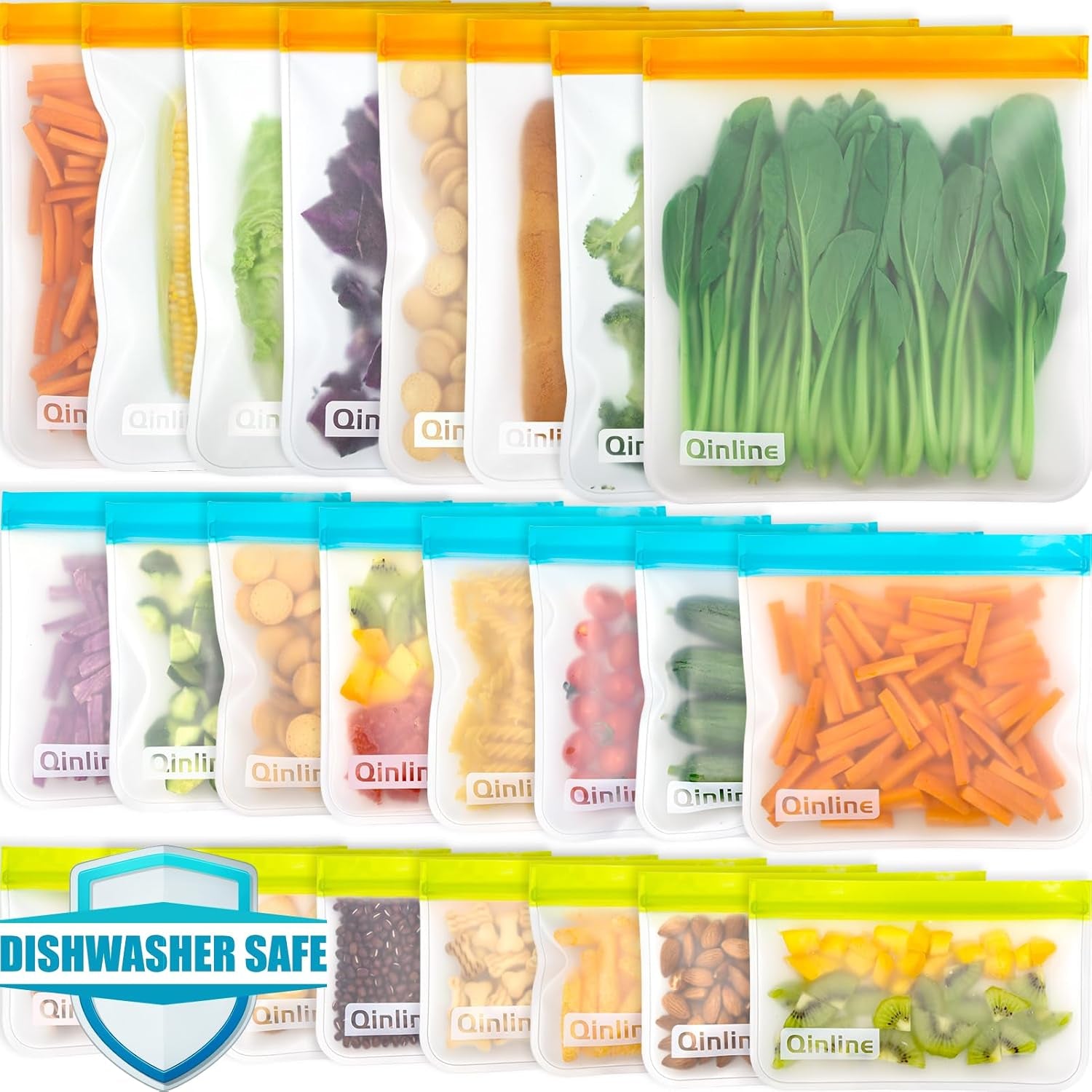 Reusable Food Storage Bags - 24 Pack Freezer Bags, BPA Free Reusable Bags Silicone, Extra Thick Leakproof Reusable Lunch Bag for Salad Fruit Marinate Meats - 8 Gallon 8 Sandwich 8 Snack Bags