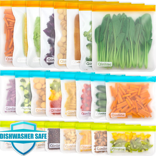 Reusable Food Storage Bags - 24 Pack Freezer Bags, BPA Free Reusable Bags Silicone, Extra Thick Leakproof Reusable Lunch Bag for Salad Fruit Marinate Meats - 8 Gallon 8 Sandwich 8 Snack Bags