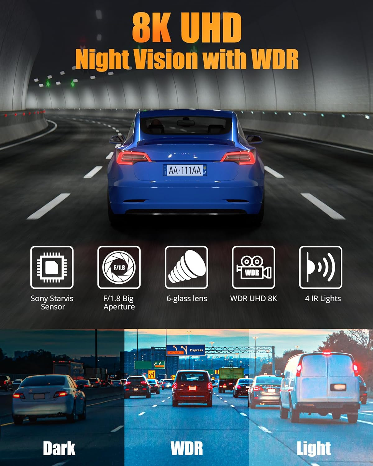 Dash Cam Front and Rear, 8K UHD/2.5K FHD Dash Cam, Dash Camera for Cars, Free 32GB Card, Build in GPS & Wifi,3.16" IPS Screen, 170°Wide Angle, WDR, Night Vision, 24Hrs Parking Mode