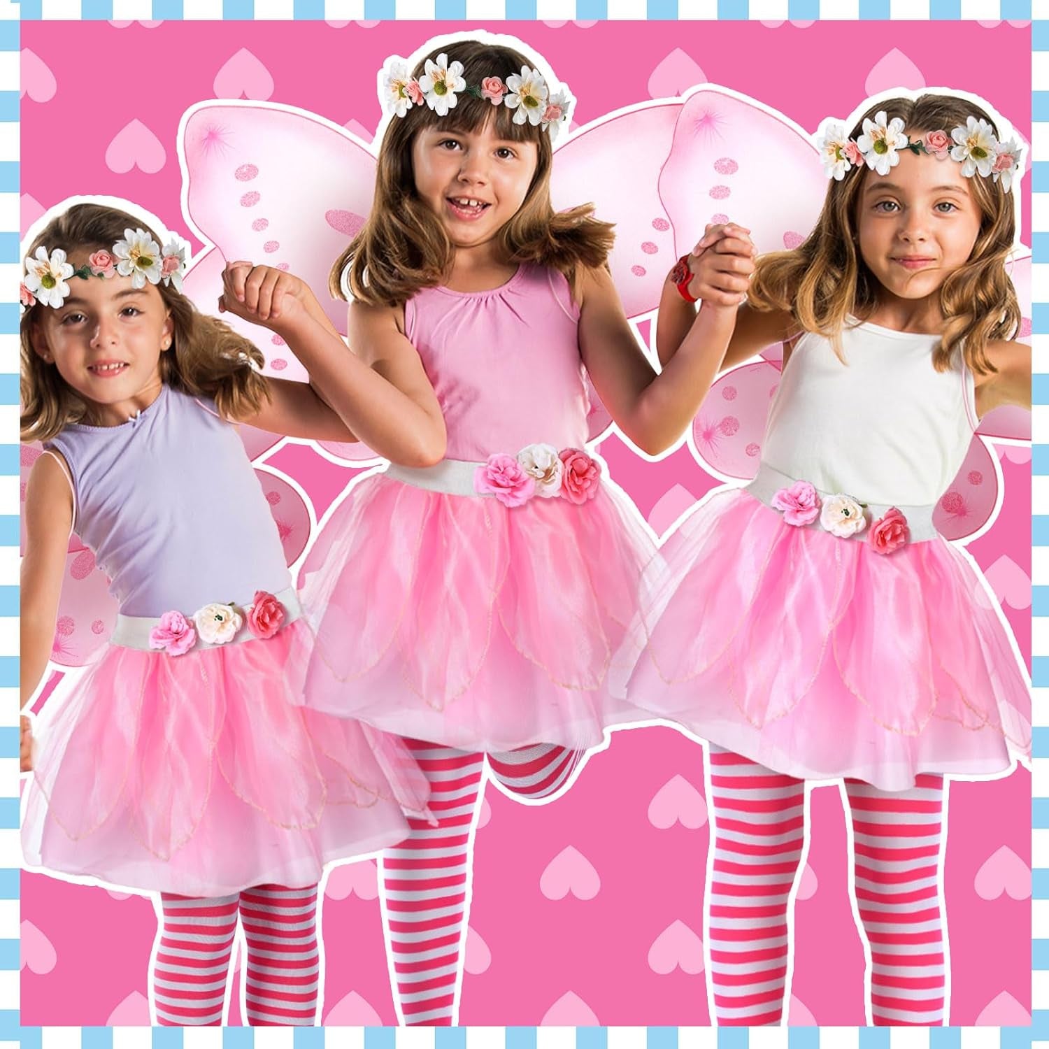 4 Pcs Halloween Girls Costume Includes Wings Tutu Headband Striped Tights for Kids Toddler Halloween