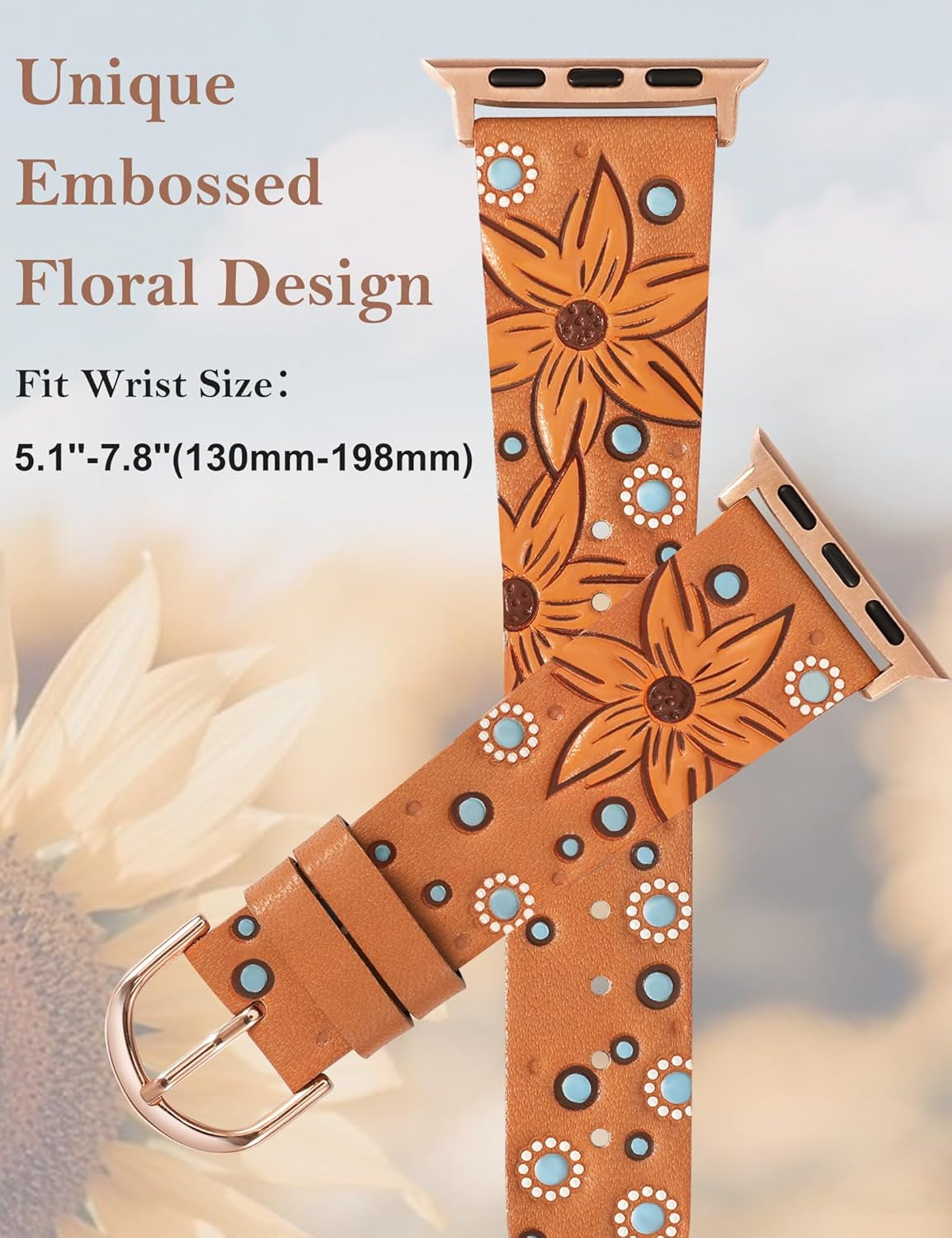 Leather Band Compatible with Apple Watch Band 41/40/38/44/45/49/42Mm Women, Boho Western Embossed Sunflower Floral Designer Wristband Leather Strap for Iwatch Series 9 8 7 6 5 4 3 2 1 SE Ultra