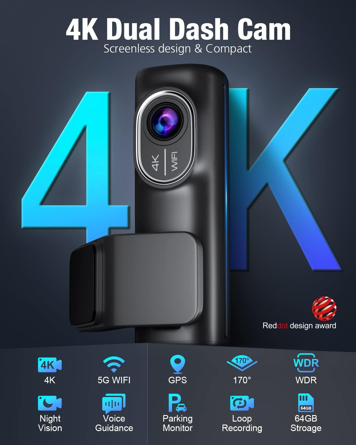 Dash Cam Front and Rear 4K/2K/1080P+1080P 5G Wifi GPS, Dash Camera for Cars with 64G SD Card, Dual Dash Cam with WDR Night Vision, 24H Parking Mode,170°Wide, G-Sensor, Loop Recording, APP