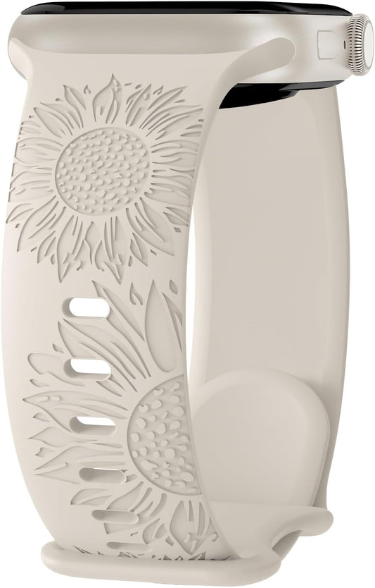 Sunflower Engraved Band Compatible for Apple Watch Bands 40Mm 41Mm 38Mm 42Mm 44Mm 45Mm 49Mm Women, Soft Floral Silicone Strap for Iwatch Ultra Series 9 8 7 6 SE 5 4 3 2 1